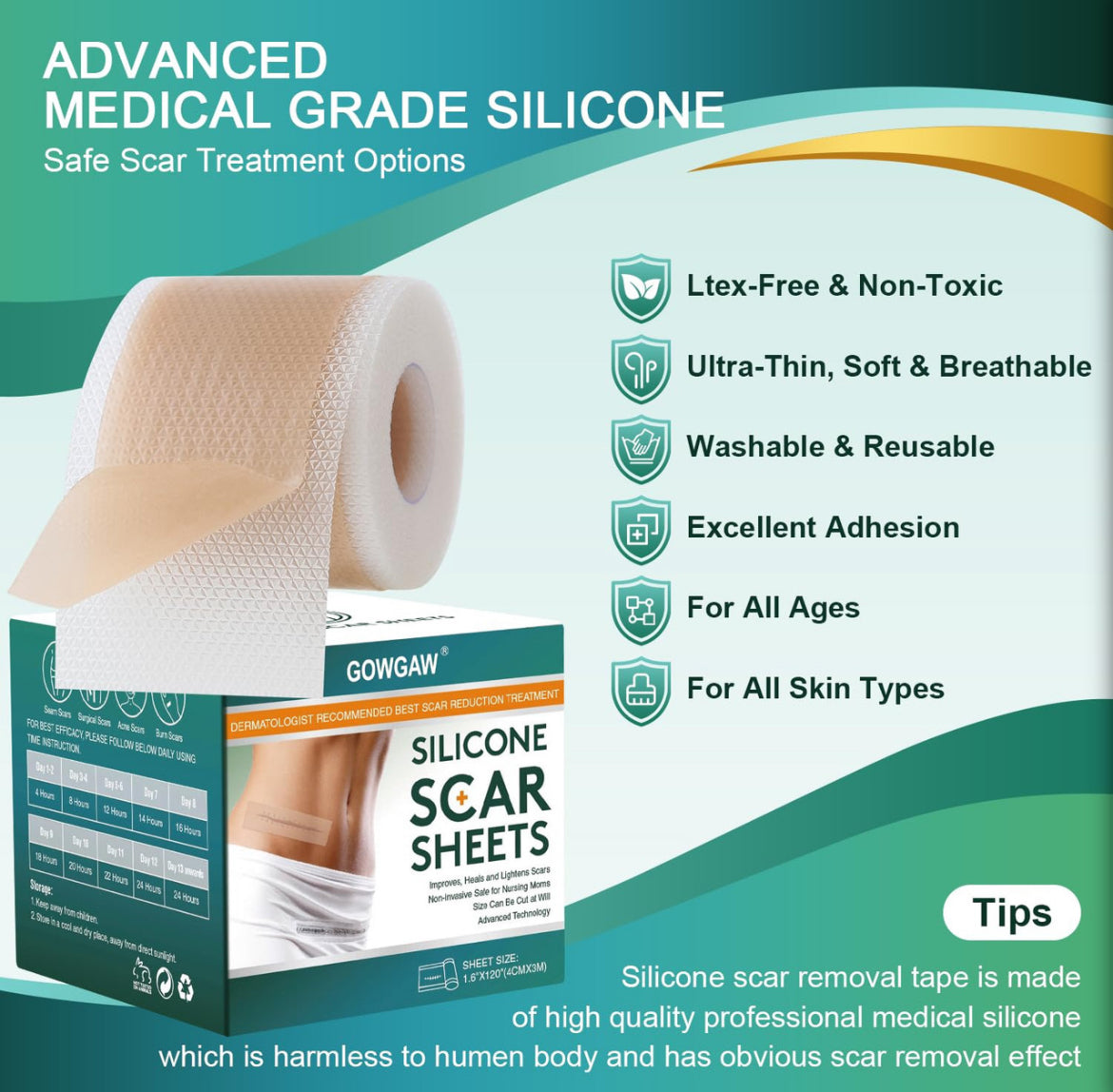 Medical Grade Silicone Scar Sheets, Silicone Scar Tape (1.6”X 120”), Professional Scar Removal Treatment, Reusable Silicone Scar Strip For Keloid, C-Section, Surgery, Burns, Acne Etc
